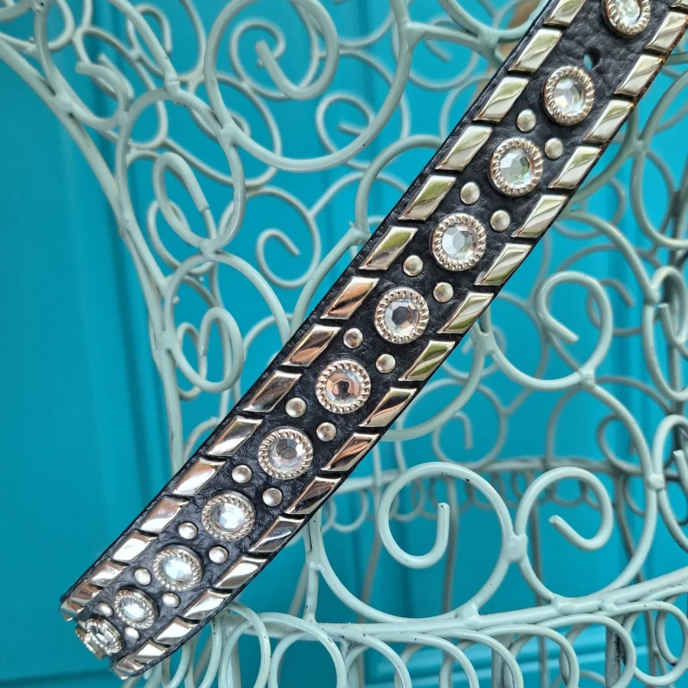 Studded Leather Belt Metal Rivets Silver Crystal Studs Womens italian Western - Picture 8 of 17